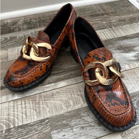 ASOS Python Slip On Loafers Size 8 Gold Chain Embellishment Burnt Orange Black - Picture 1 of 9